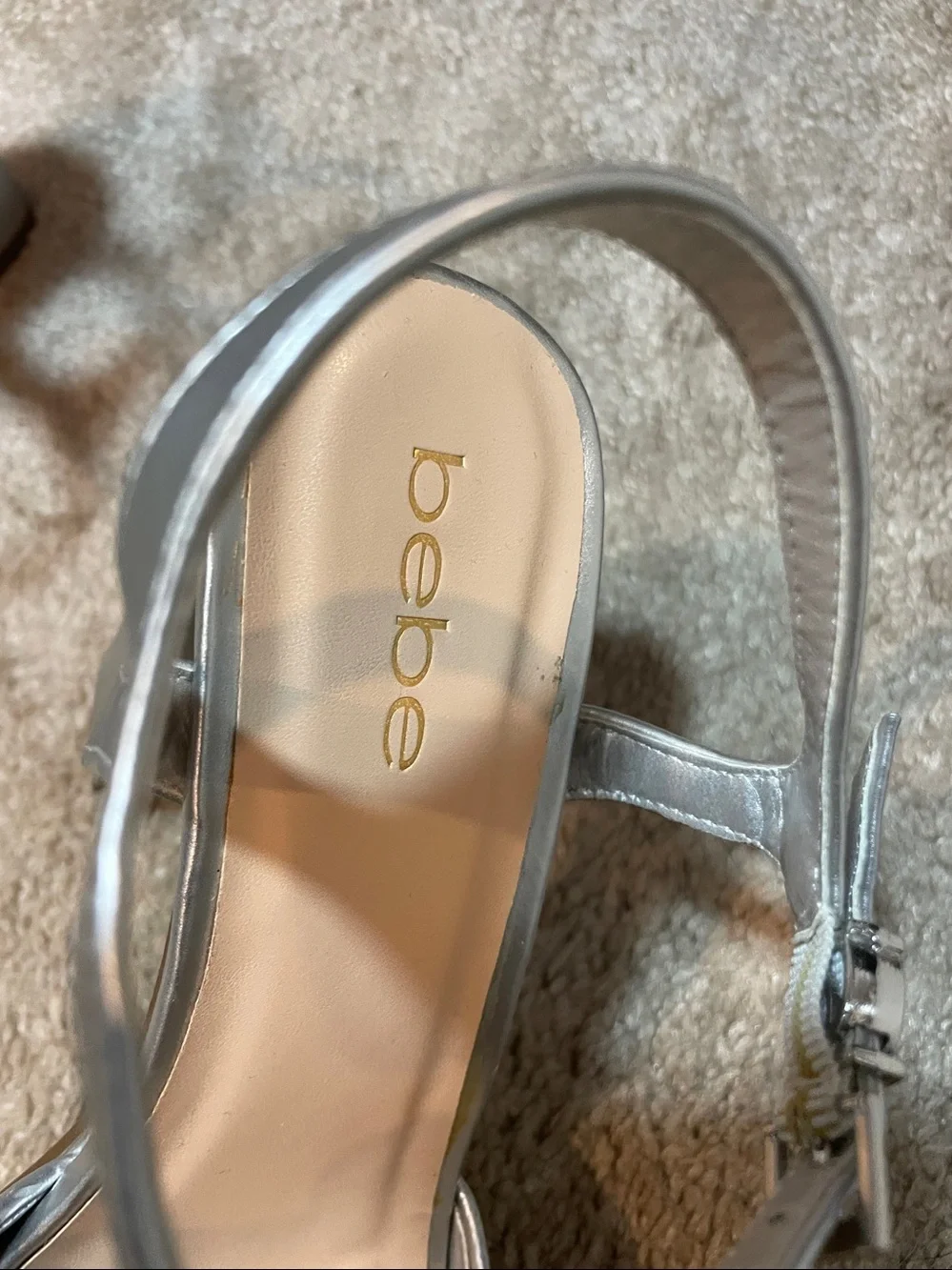 bebe Silver Metallic Platform Block Heel Sandals